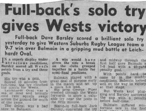 1965 Wests v Balmain game reprt Dave scores a wining try.