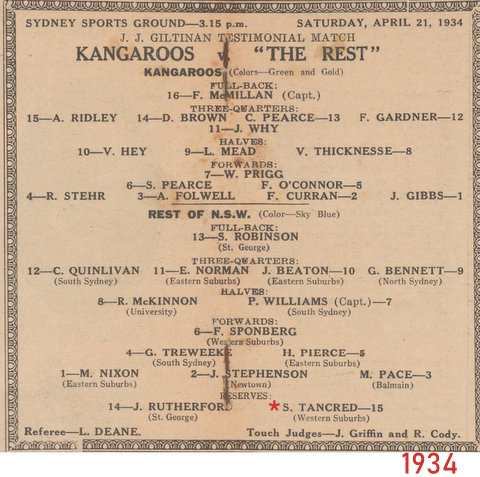 1934 team list in program Stan as reserve.